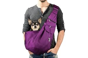 KAMEUN Pet Sling Carrirer Bag for Small Dogs/Cats, Cross Shoulder Canvas Carrying Bags Fits 8-16lb Puppies with Adjustable Strap and Zipper Pockets for Walking, Travel, Outdoor(Purple)