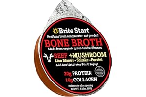 Brite Start Bone Broth - Beef + Mushrooms - Porcini, Shitake, Lion’s Mane - 4 Count - Keto Friendly Concentrate - 16g Collagen 20g Protein -Made from Grass Fed Beef Bones- Single Serve Packets