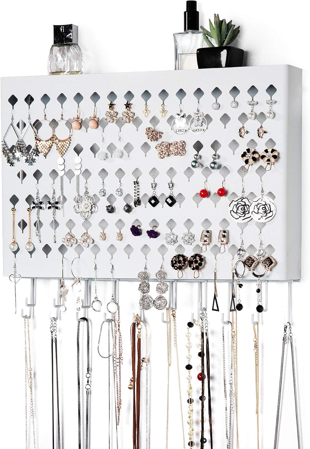JackCubeDesign Wall Mount Earring Jewelley Hanger Organiser Holder Necklace Bracelet Rack Storage Display Stand Hanging Iron with 109 Holes/19Hooks(White