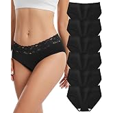 Sunm Boutique Cotton Underwear for Women Sexy Lace Waistband Panties 6 Pack | Soft Breathable Combed Cotton, Full Coverage Ladies Bikini for Daily &amp; Everyday Wear, No Muffin Top, No Ride Up