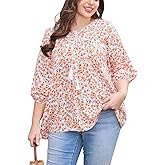 Keluummi Plus Size Summer Tunic Tops for Curvy Women, Casual Boho Floral Loose Shirts Clothes Long 3/4 Sleeve V Neck Blouses