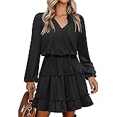 Caracilia Long Sleeve Dress for Women Fall 2025 Casual V Neck High Waist Tiered Ruffle Aline Swing Tunic Short Mini Dresses