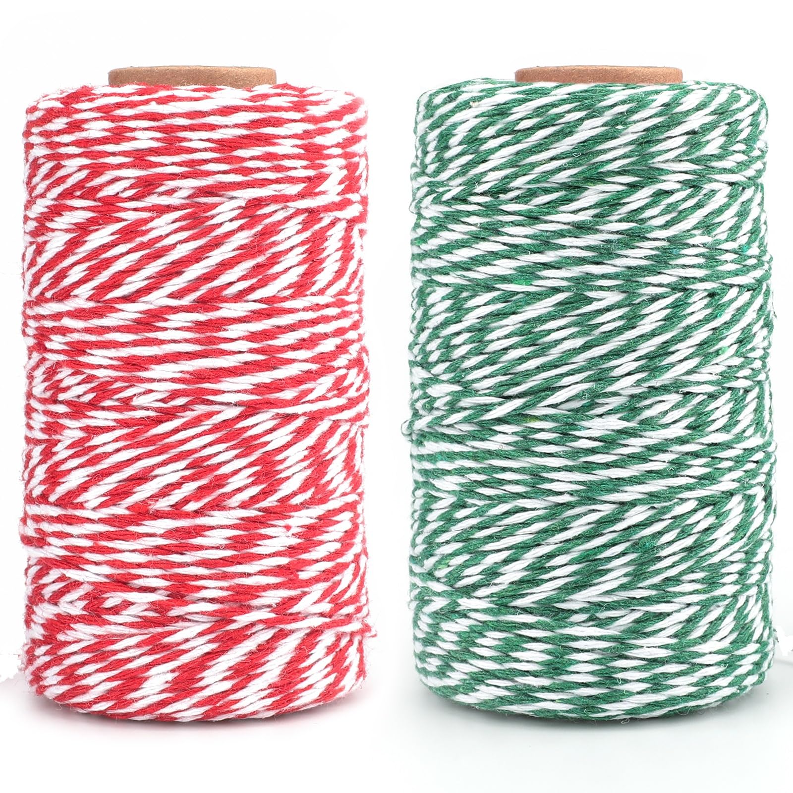KINGLAKE 2x100m Red White and Green White Cotton String, 2mm Christmas String Bakers Twine for Gift Wrapping, Crafts, Xmas Decorations and Kitchen Cooking