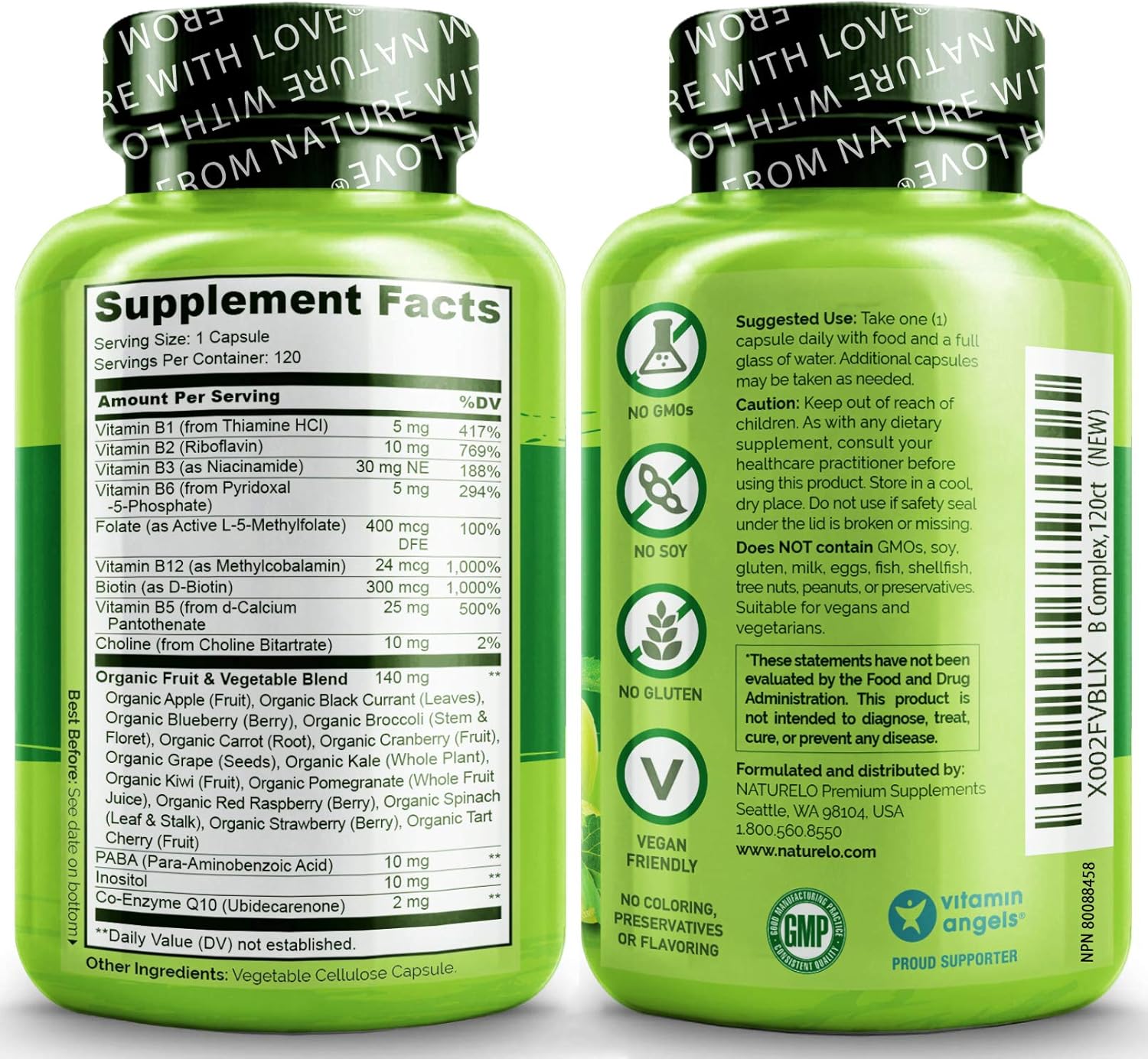 NATURELO B Complex - Whole Food - with Vitamin B6, Folate, B12, Biotin - Vegan - Vegetarian - Best Natural Supplement for Energy and Stress - High Potency - Non GMO - Gluten Free - 120 Capsules: Health & Personal Care
