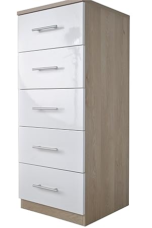 Ideal B Q Darwin 5 Drawer Oak White High Gloss Narrow Chest W