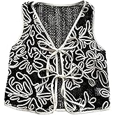 MakeMeChic Women's Boho Floral Vests Tie Front V Neck Contrast Binding Sleeveless Outwear Vest Top