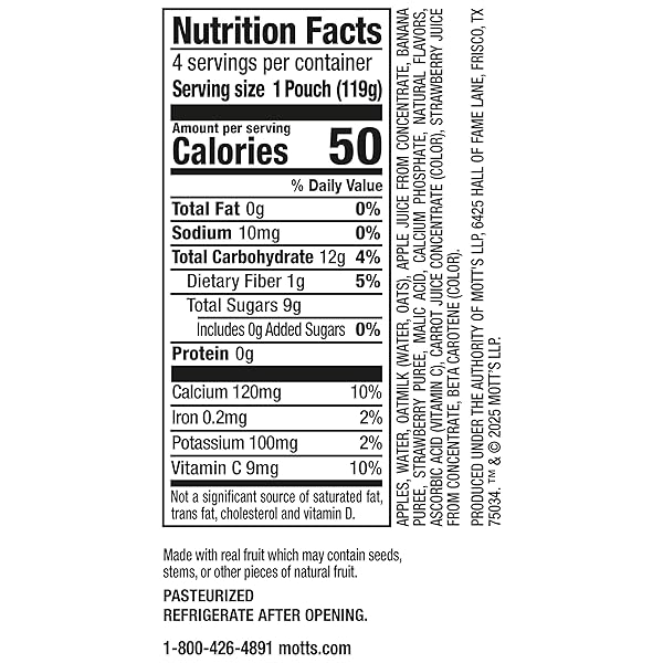 MOTT’S FRUIT SMOOTHIES STRAWBERRY BANANA, 4.2 OZ CLEAR POUCHES, 4 PACK, NON-DAIRY, MADE WITH OATMILK, MADE WITH REAL FRUIT, GOOD SOURCE OF CALCIUM, ON-THE-GO