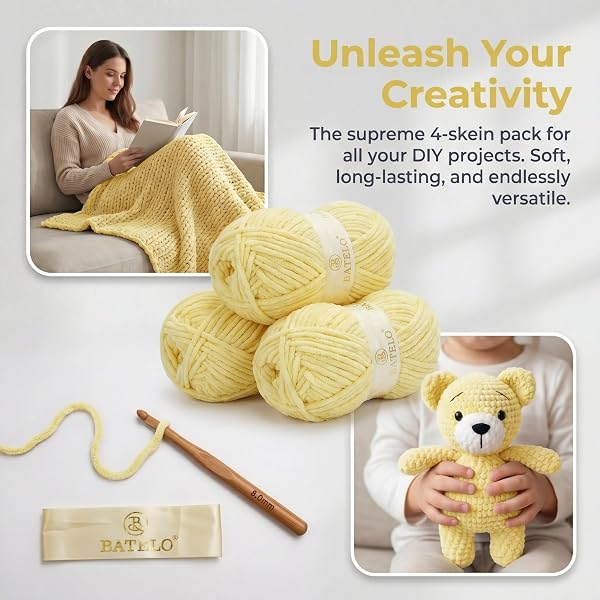BATELO SUPER BULKY YARN FOR CROCHETING, 4 LARGE SKEIN(EACH 10.5OZ/300G, 220YDS/201M) FOR BABY BLANKET/AMIGURUMI/HOME DECOR(PASTEL YELLOW)