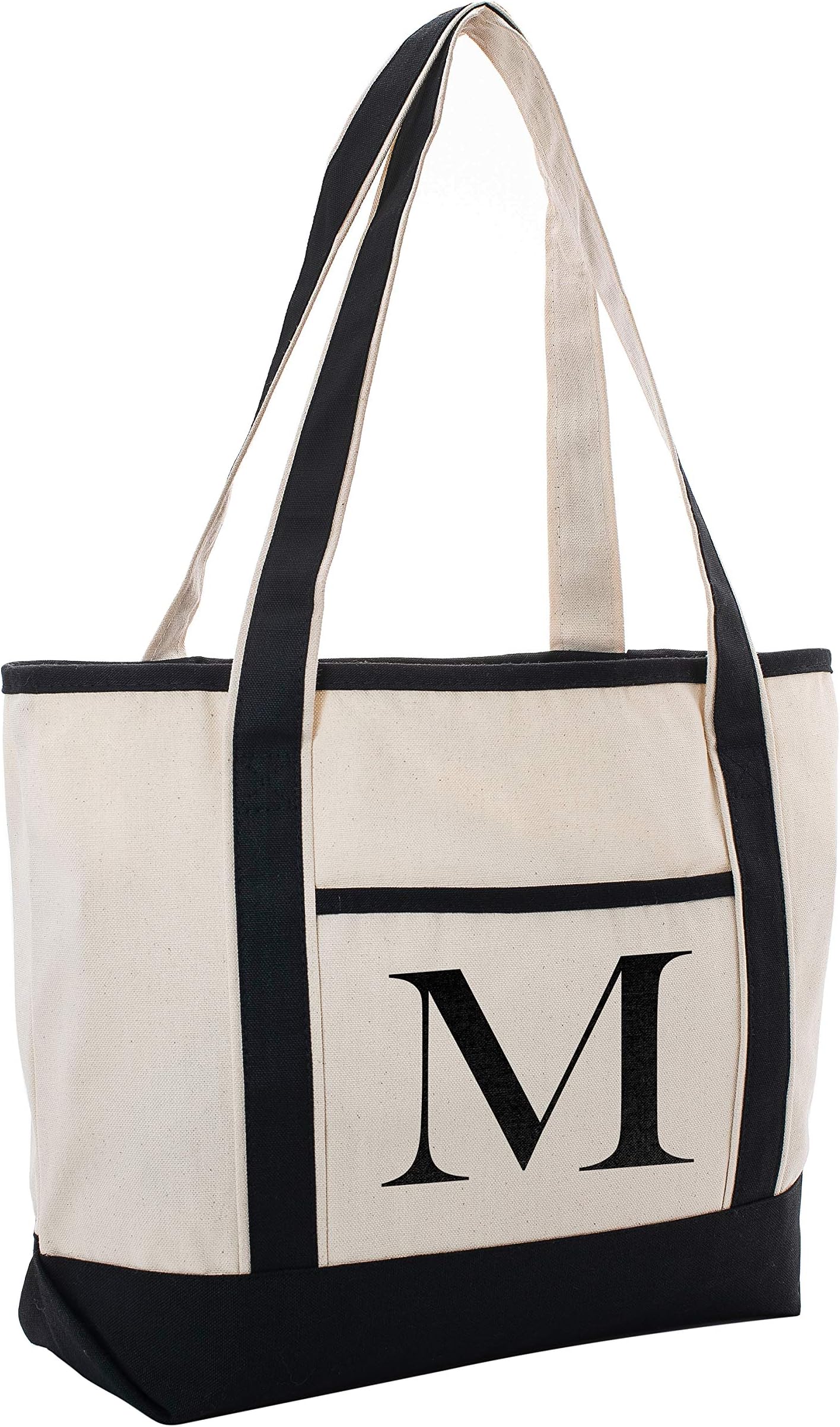 Black Linen Canvas Tote Bag With Initial For Beach Workout Yoga Vacation