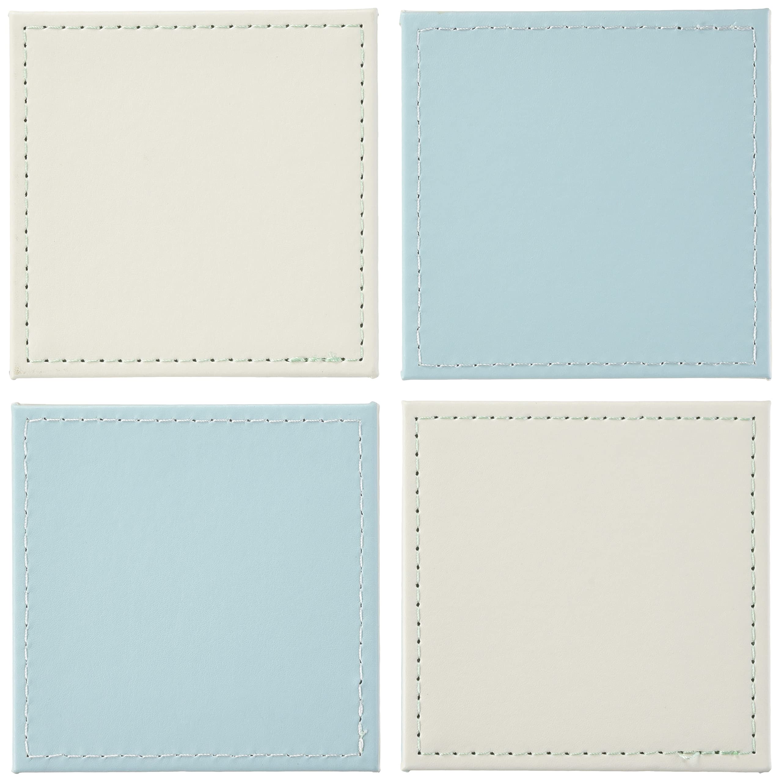 I Style Reversible Faux Leather Coasters with Border Stitch, Plastic, Stone/Duck Egg, Set of 4