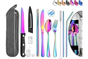 HOMMALY Portable Reusable Travel Utensils Silverware with Case,Travel Camping Cutlery set,Chopsticks and Straw, Flatware Cutlery Set with Case, Stainless steel Travel Utensil set Top (Rainbow)