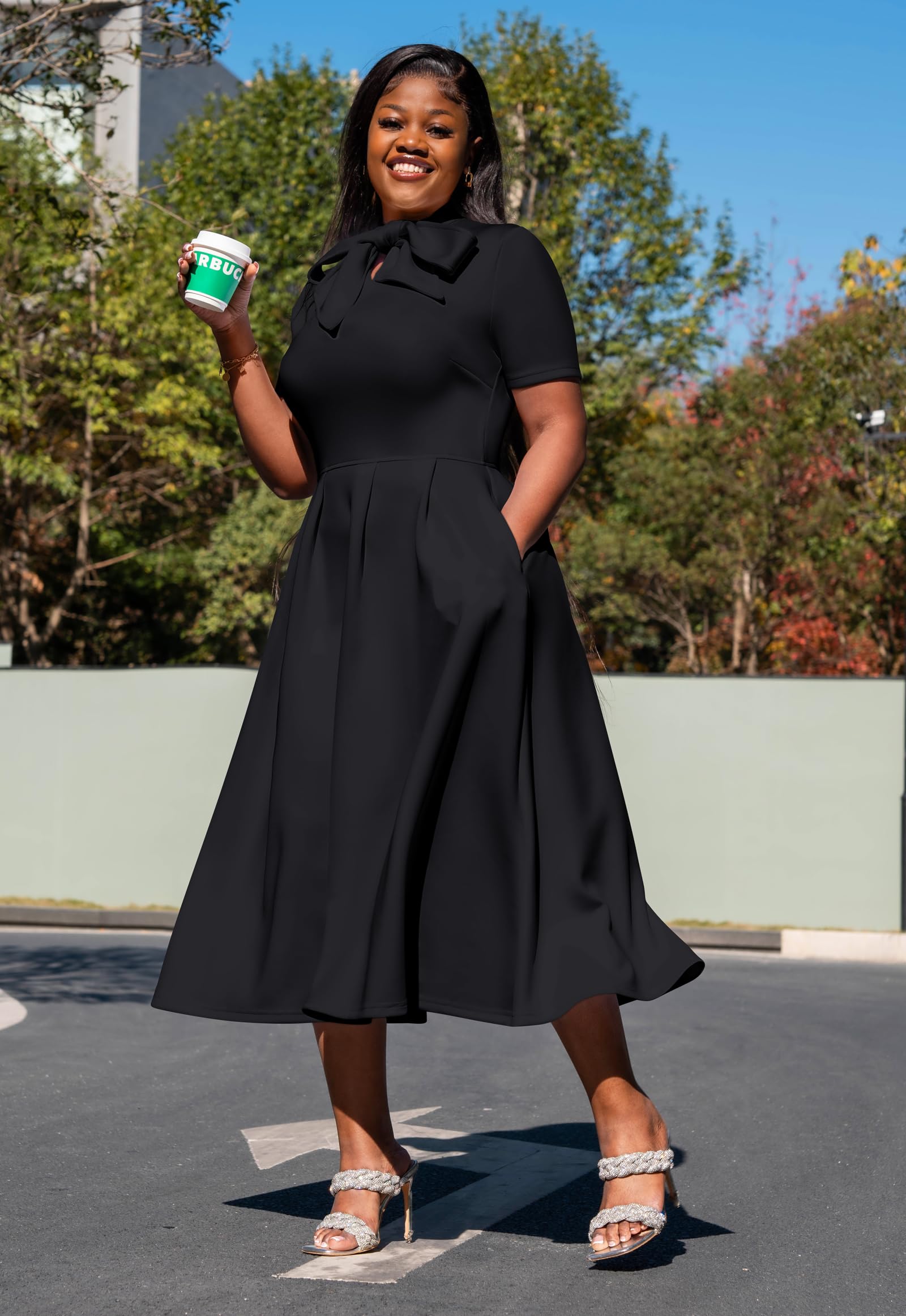 Memoriesea Women's Elegant Casual Short Sleeve Work Party A-Line Dress with Pockets