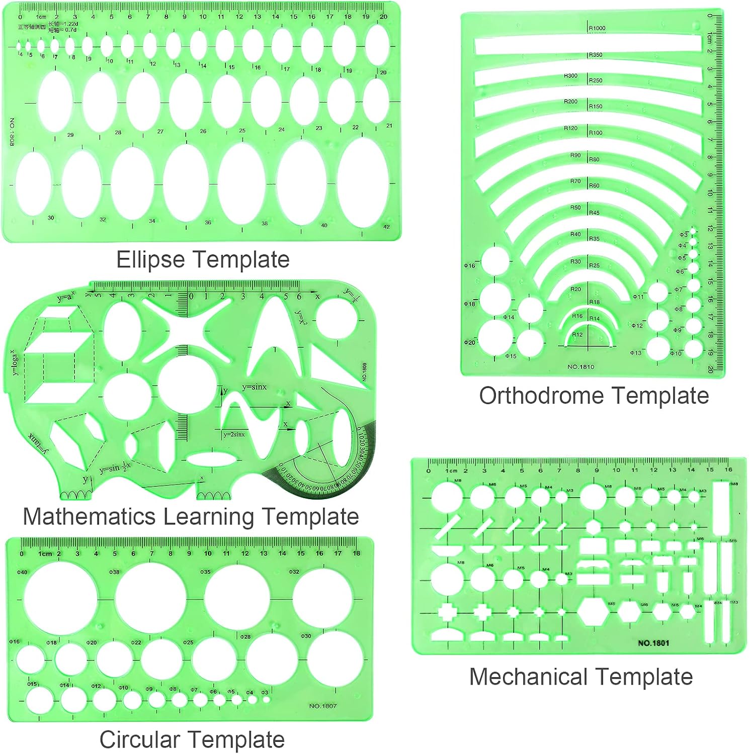 11PCS Geometric Drawings Templates, Drafting Stencils Measuring Tools, BetyBedy Plastic Clear Green Ruler Shapes with a Zipper Bags for Architecture, Office, Studying, Designing and Building : Kitchen & Dining