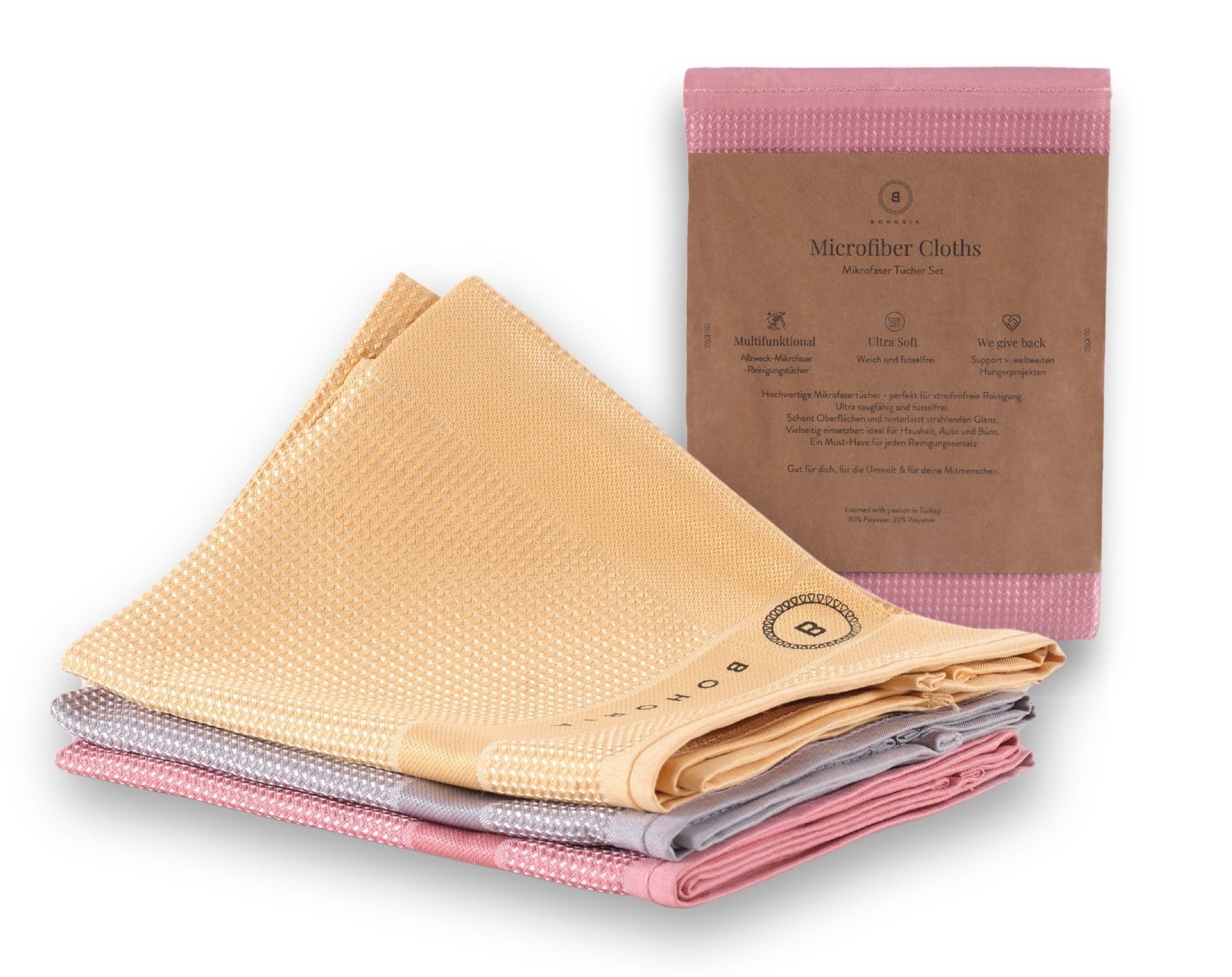 BOHORIA® Microfibre Cloths Absorbent Cleaning Cloths for Streak-Free Cleaning without Detergents - All-Purpose Cloths - Window Cloths - Tea Towel 40 x 60 cm (Set of 3 Grey Lemon Berry)