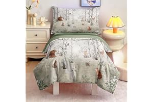 CKOU CCOO 4 Pieces Woodland Animal Toddler Bedding Set for Boys Girls, Forest Animals Comforter Set Bed in a Bag,Toddler Bed Set Includes Comforter, Flat Sheet, Fitted Sheet and Pillowcase