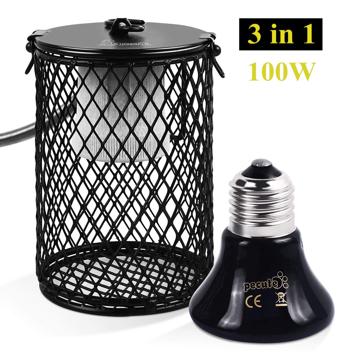 Pecute Heizung Keramik Waermelampe mit Schutzgitter und Anti-Biss-Rohr 100W