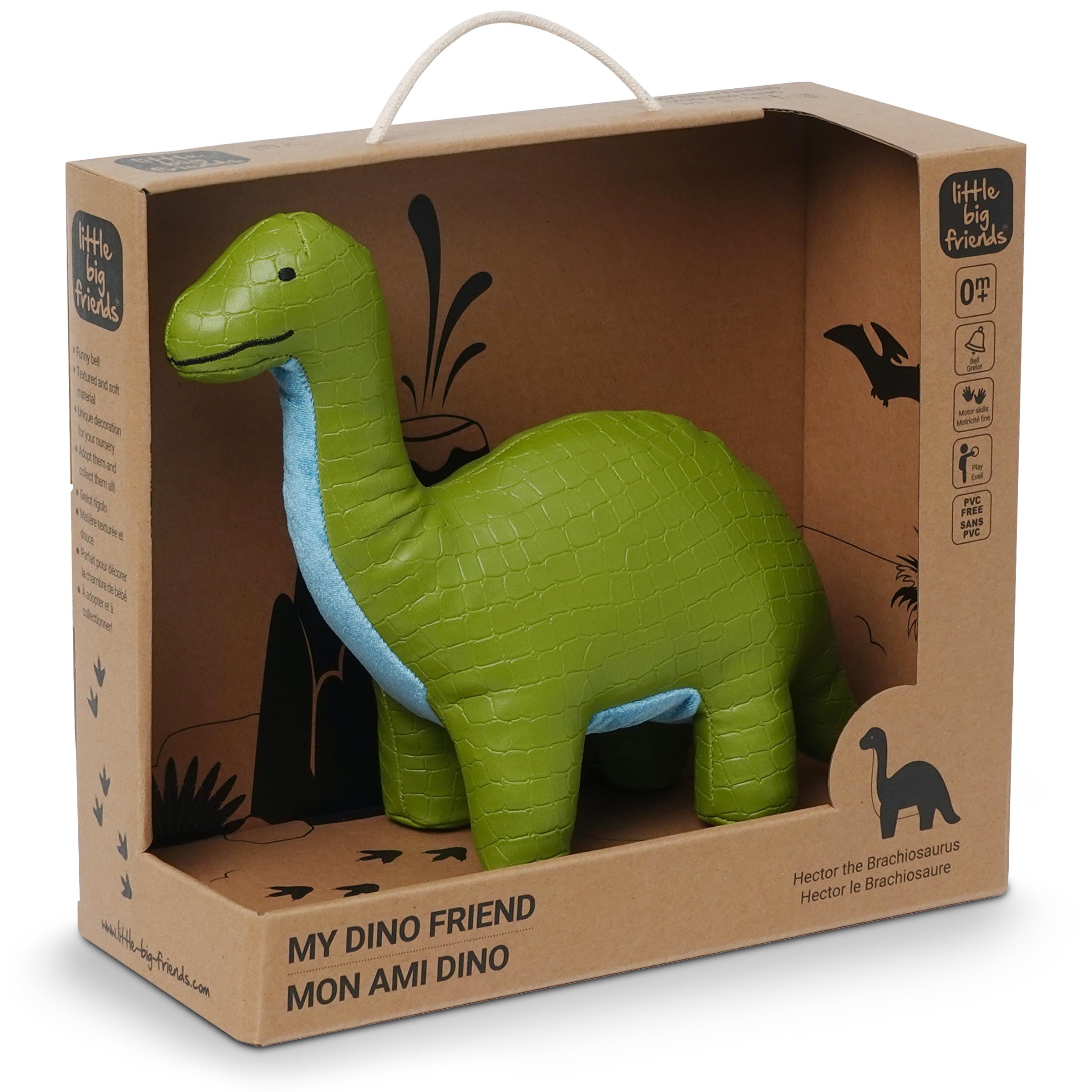 Little Big Friends Dino Friends | Stimulate the Senses with Colors, Textures & a Tinkling Bell | Vegan Leather | Easy to Clean | Hector the Brachiosaurus