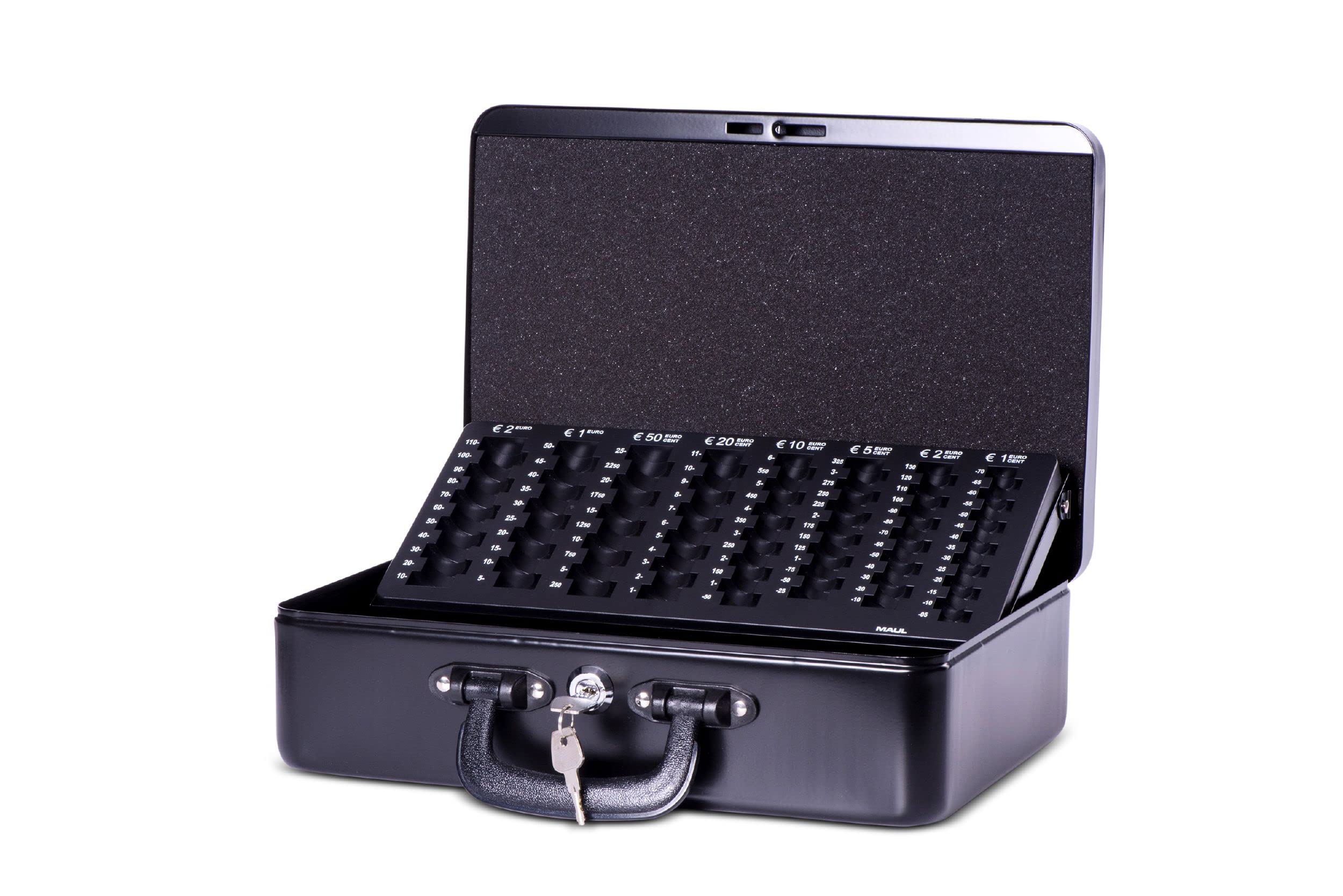 Maul Cash Box with Counting Insert, Steel, Euro Insert, Security Cylinder Lock, 360 x 265 x 115 mm, Black