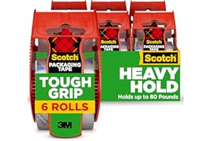 Scotch Tough Grip Packing Tape, Clear, Moving Tape That Secures Boxes up to 80 Pounds, Holiday Shipping Tape for Large Boxes, 1.88 in. x 22.2 yd., 6 Tape Rolls with Dispensers