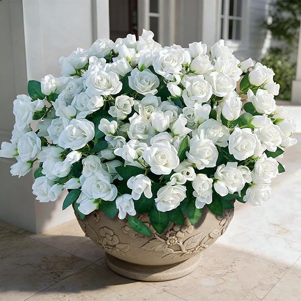 16 BUNDLES ARTIFICIAL ROSES FOR FRONT DOOR OUTDOOR DECOR, REALISTIC FAKE SILK BOUQUETS FLOWERS FAUX UV RESISTANT REAL LOOKING ROSE PLANTS FOR GARDEN BALCONY FARMHOUSE HOME SPRING SUMMER DECOR (WHITE)