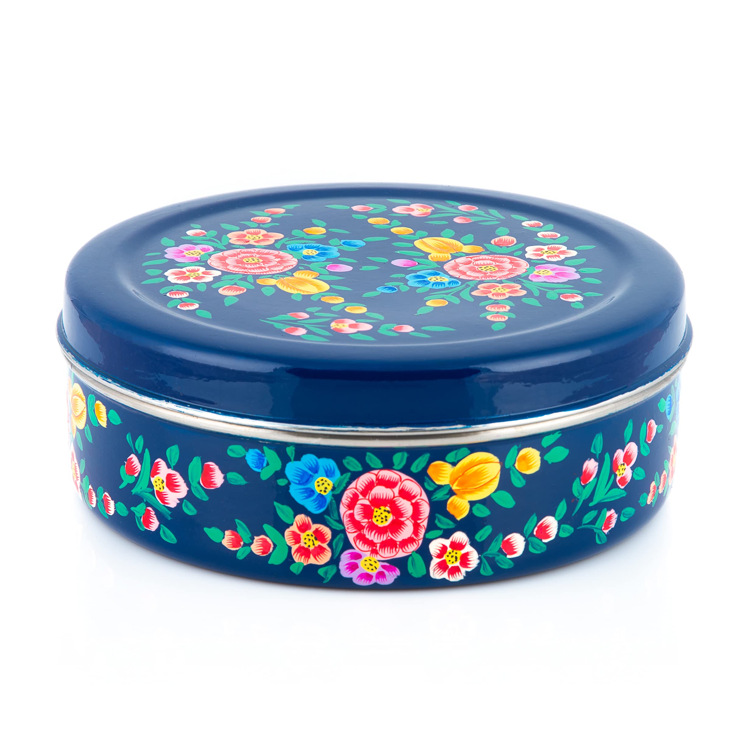Indian-Tiffin Handpainted Blue Flower Masala Dabba - Airtight Spice Container - 7 pots