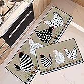 Arttown Rooster Kitchen Rugs and Mats Non Skid Washable Set of 2, Cartoon Farmhouse Chicken Mats for Floor, Black White Runner Rug, Vintage Kitchen Decor