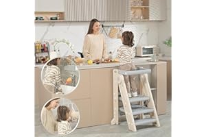 UNCLE WU Foldable Child Tower - Collapsible Adjustable Kids Step Stool with Safety Rail - Toddler Standing Stool for Kitchen Countertop & Bathroom (Includes Faucet Extender)