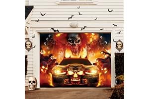 YUSPENYE Halloween Garage Door Decorations with Skull & Fire Vehicle Design, Durable Halloween Garage Door Banner for Single Garage Doors 7x9 ft, Outdoor Party Backdrop