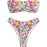 ZAFUL Women Strapless Ribbed High Cut Bandeau Bikini Lace Up 2 Pieces Swimwear (2-Red Rainbow,M)