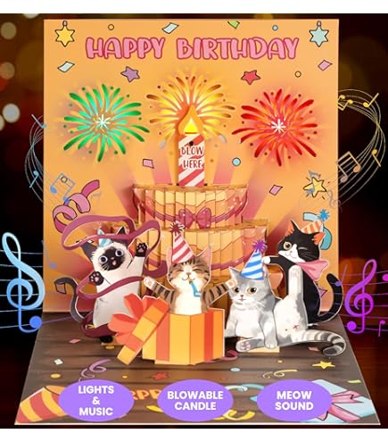 Musical Birthday Cards, Cat Pop Up Birthday Cards With Colourful Lights - View #2