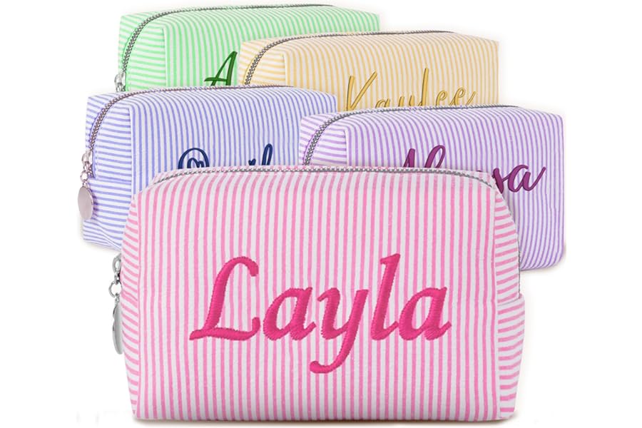Yofair Personalized Makeup Bag with Name, Large Capacity Travel Toiletry Case Teen Girl Gift Trendy Stufff Custom Seersucker Cosmetic Bags Wedding Birthday Gifts for Girls Women