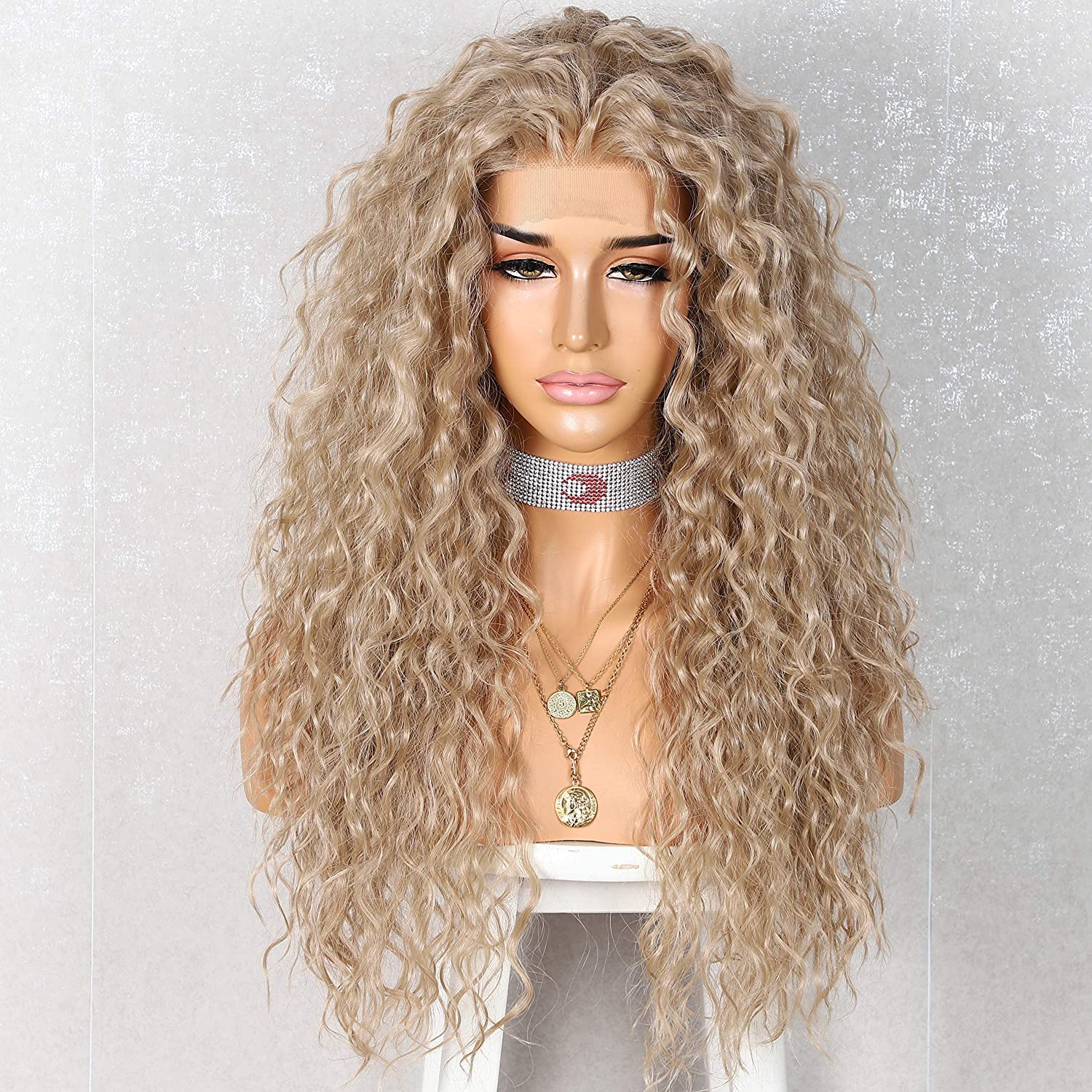Sapphirewigs Curly Lace Front Wig Ash Gold Synthetic Wigs for Women 13x3 Daily Wear Party Christmas Halloween Heat Resistant 26 inch