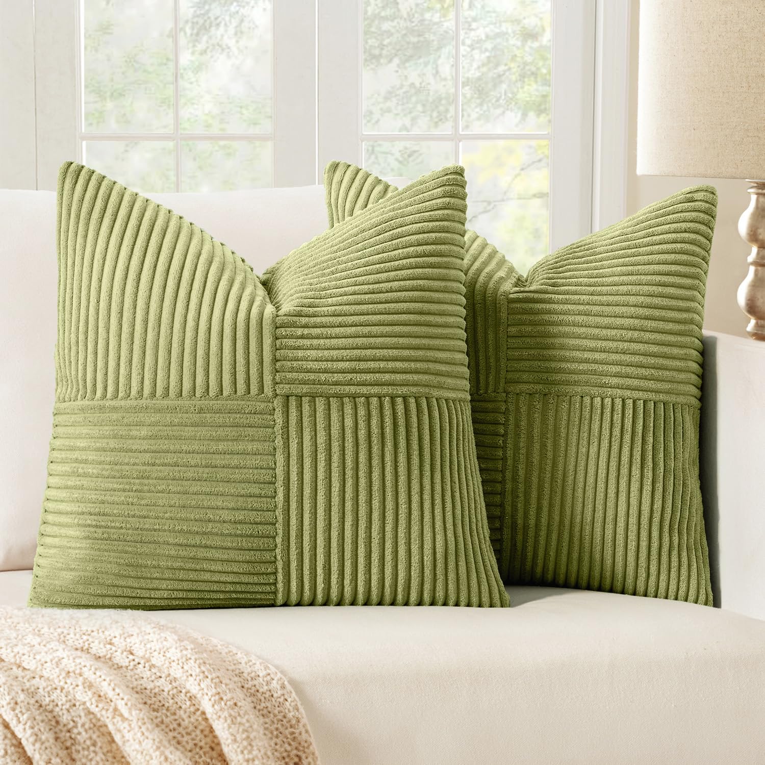 Photo 1 of MIULEE Green Corduroy Pillow Covers Pack of 2 Boho Decorative Spliced Throw Pillow Covers Soft Solid Couch Pillowcases Cross Patchwork Textured Cushion Covers for Living Room Bed Sofa 20x20 inch