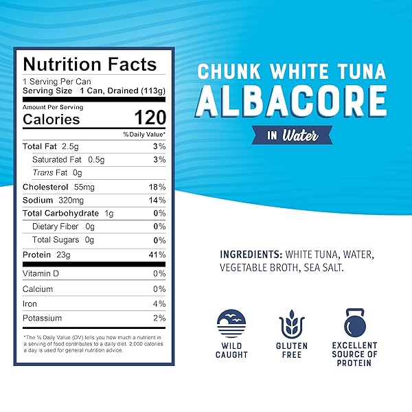 BUMBLE BEE CHUNK WHITE ALBACORE TUNA IN WATER, 5 OZ CAN (PACK OF 4) – WILD CAUGHT TUNA – 23G PROTEIN PER SERVING, HIGH IN OMEGA-3S – NON-GMO PROJECT VERIFIED, GLUTEN FREE, KOSHER