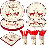 Dereinwo 175 Pcs Merry Christmas Reindeer Dinnerware Set Disposable Christmas Paper Plates and Napkins for 25 Guests