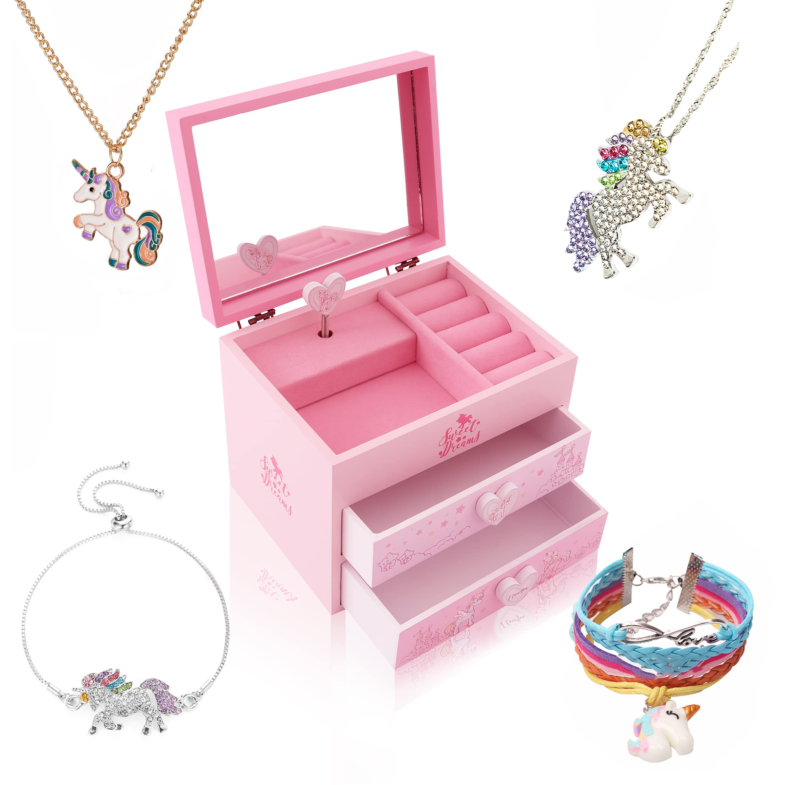 ZOOWING Kids Musical Wooden Jewelry Storage Box Gifts with Unicorn/Princess Ballerina Jewelry Sets-Unicorn3
