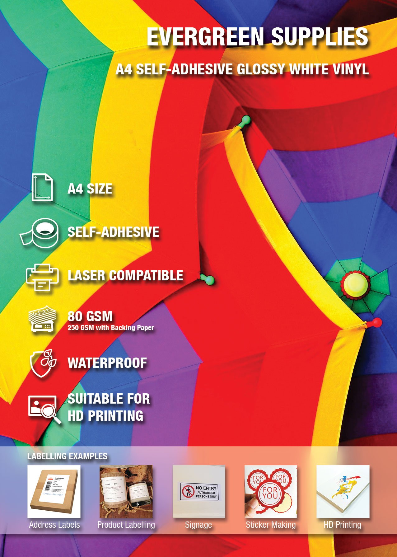 5 x White Waterproof A4 Vinyl Glossy Labels Self Adhesive Sticker Quality Laser Printable