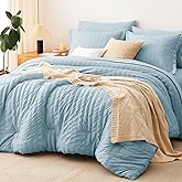 CozyLux Queen Comforter Set Light Blue Seersucker 7 Pieces Bed in a Bag Queen Comforter Set with Sheets Luxury Soft Bedding Set with Down Alternative Comforter, Sheets, Pillowcases & Shams All Seasons