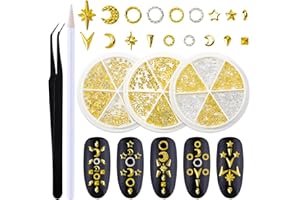 XEAOHESY 3 Boxes Gold Nail Charms for Nails Ring Irregular Shape Star Moon Metal Nail Rivets Silver Nail Studs 3D Nail Art Jewelry Decoration for Acrylic Nails With Rhinestone Pickup Pen and Tweezers