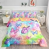 Smell Sunshine Rainbow Bedding Set with 1 Comforter and 2 Pillowcases for Boys and Girls Bedroom - Watercolor Butterfly Full