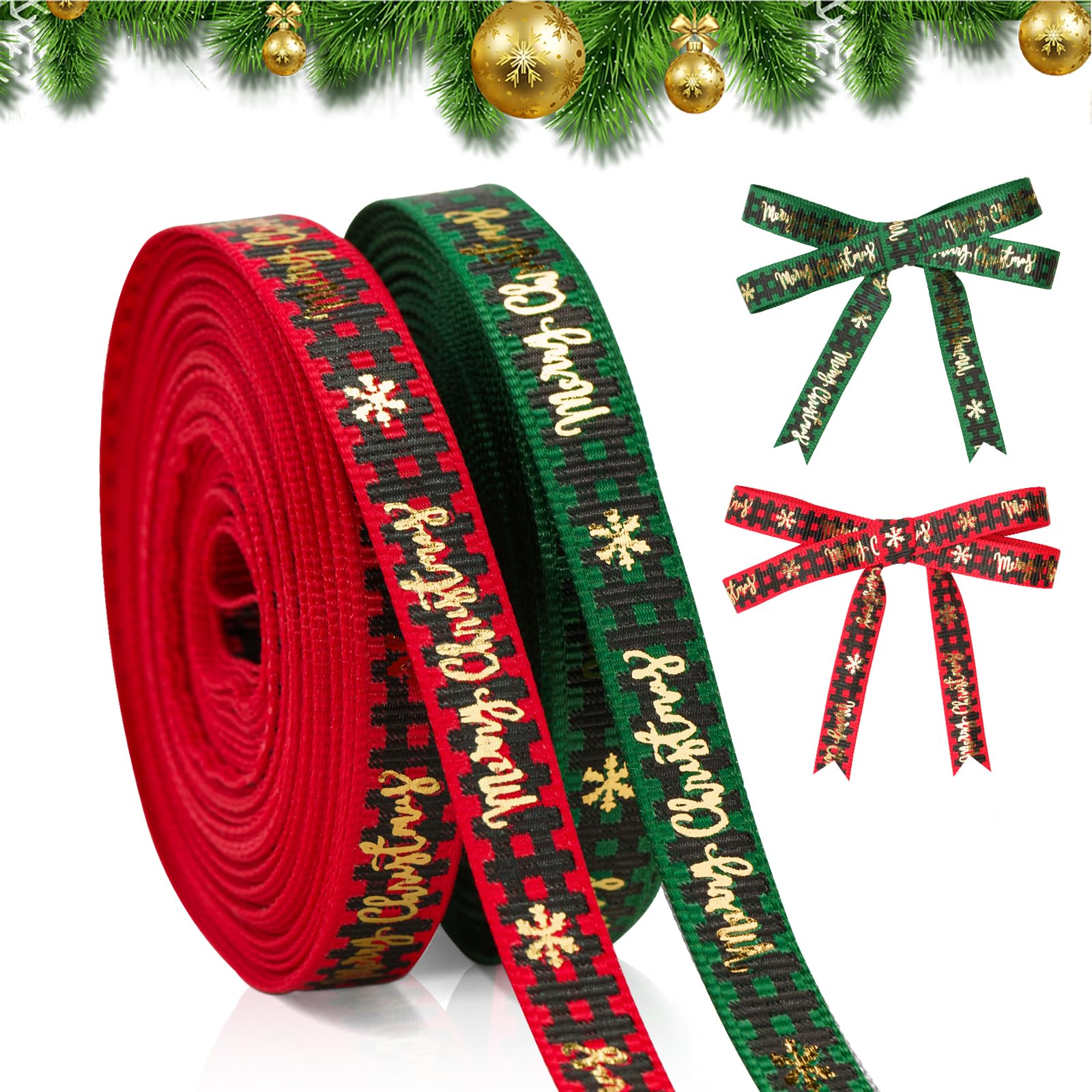 KINGLAKE 2 Rolls x 10 Yards Merry Christmas Ribbon for Gift Wrapping, 10mm Red Green Satin Ribbon Plaid Christmas Ribbons for Crafting, Xmas Tree, Presents, Flowers, DIY Crafts,Gift Basket