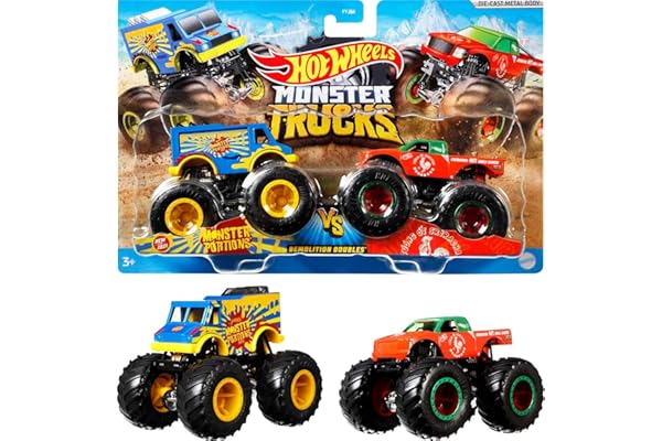 Hot Wheels Monster Trucks 2-Pack, Demolition Doubles Set of 2 Toy Vehicles in 1:64 Scale, for Kids & Collectors (Styles May V