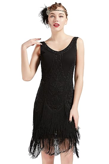 Coucoland 1920s Kleid Damen Flapper Kleid ohne Ärmel V Ausschnitt Knielang Charleston Kleid Gatsby Motto Party Damen Fasching