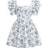 Floerns Girl's Floral Puff Sleeve A Line Dress Square Neck Ruched Boho Mini Dress