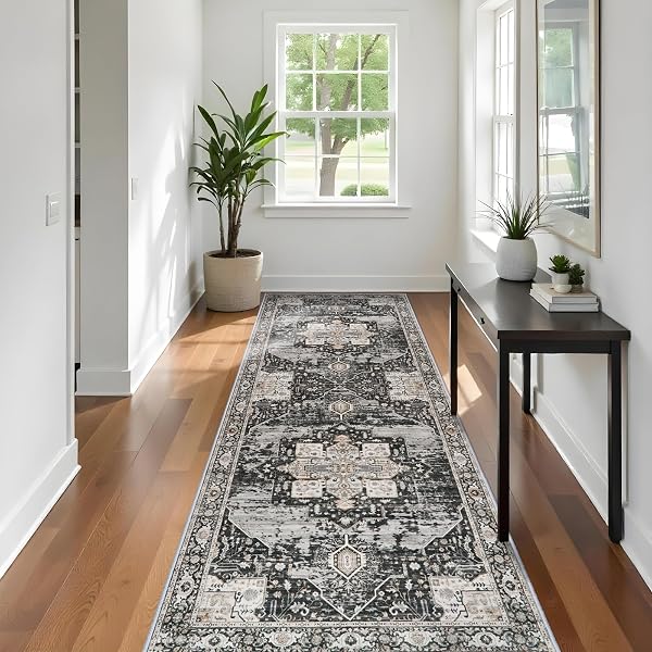 RUUGME HALLWAY 3X10 RUNNER RUG – WASHABLE RUGS WITH NON SLIP BACKING ULTRA THIN STAIN RESISTANT CARPET FOR KITCHEN LIVING ROOM BEDROOM VINTAGE TRIBAL RUGS FOR FLOOR DECORATION MAT 3X10 BLACK