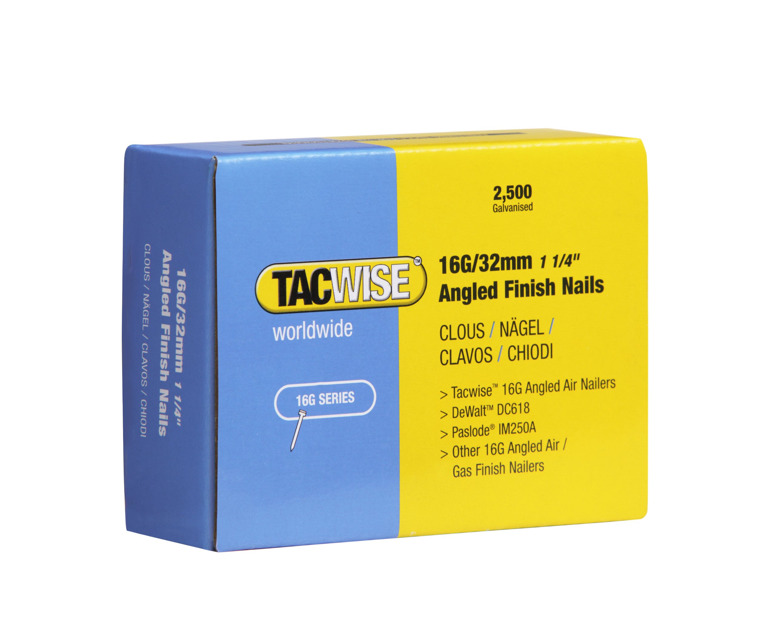 Tacwise 0769 Type 16G / 32 mm Galvanised Angled Finish Nails, 20° Inclined, Pack of 2500