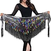 MUNAFIE Belly Dance Hip Scarf with Tassels Sequins, Triangle Coins Wrap Skirt Music Festival Clothing Skirt