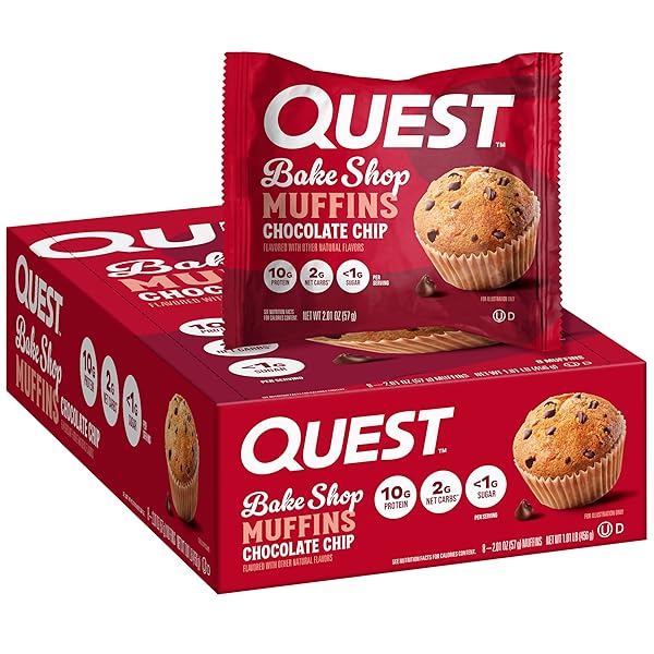 QUEST NUTRITION CHOCOLATE CHIP MUFFIN, 10G PROTEIN, 2G NET CARB, LESS THAN 1G SUGAR, 8 COUNT