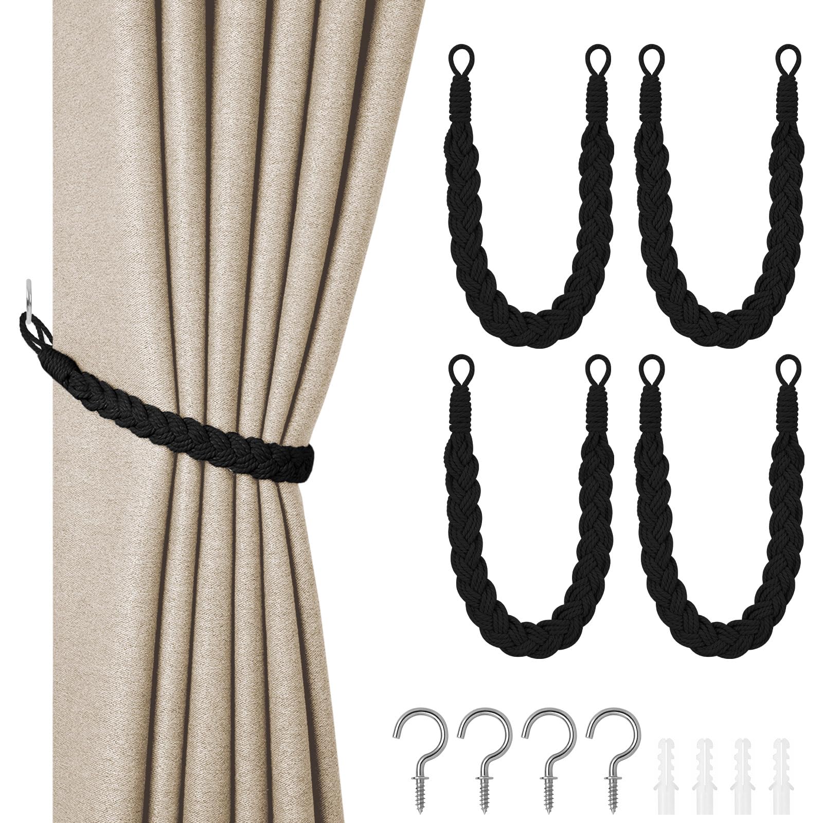 HOTUT Natural Cotton Rope Curtain Tiebacks, 4 Pack Hand Knitting Curtains Tied Rope, Elegant Boho Style Decorative Drape Tie Soft Rope Curtain Holdbacks with Metal Hook for Home & Office, Black