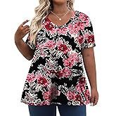 Tencede Womens Plus Size Tops Short Sleeve Tunic Shirts V Neck Summer Floral Loose Fit Blouse XL-5X